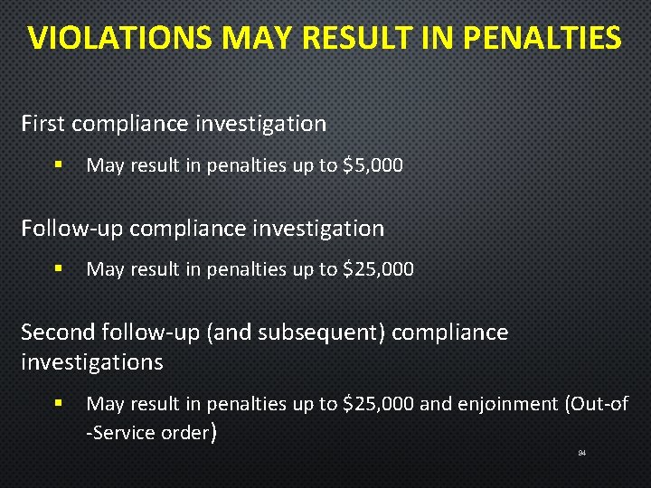 VIOLATIONS MAY RESULT IN PENALTIES First compliance investigation § May result in penalties up