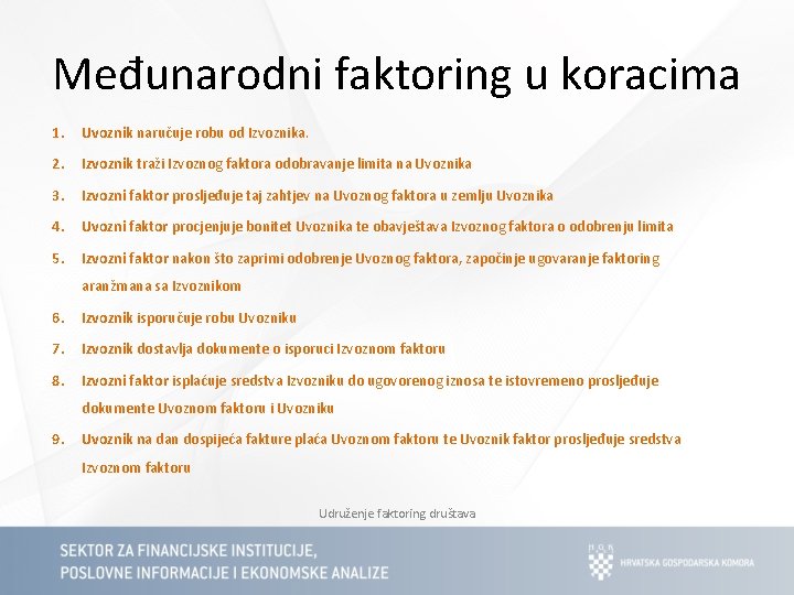 Međunarodni faktoring u koracima 1. Uvoznik naručuje robu od Izvoznika. 2. Izvoznik traži Izvoznog