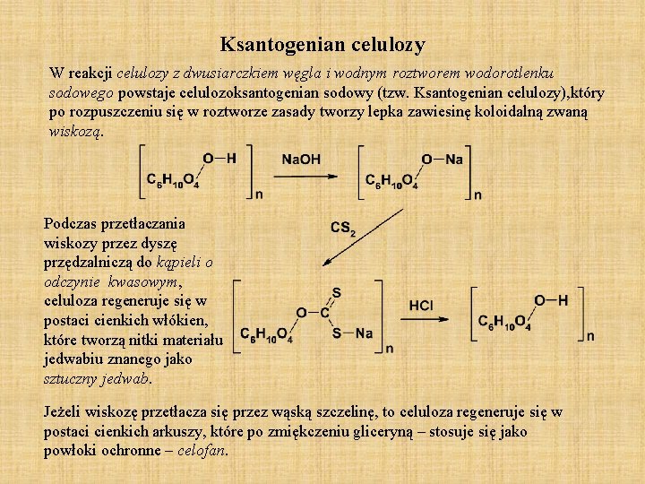 Ksantogenian celulozy W reakcji celulozy z dwusiarczkiem węgla i wodnym roztworem wodorotlenku sodowego powstaje Ksantogenian celulozy W reakcji celulozy z dwusiarczkiem węgla i wodnym roztworem wodorotlenku sodowego powstaje