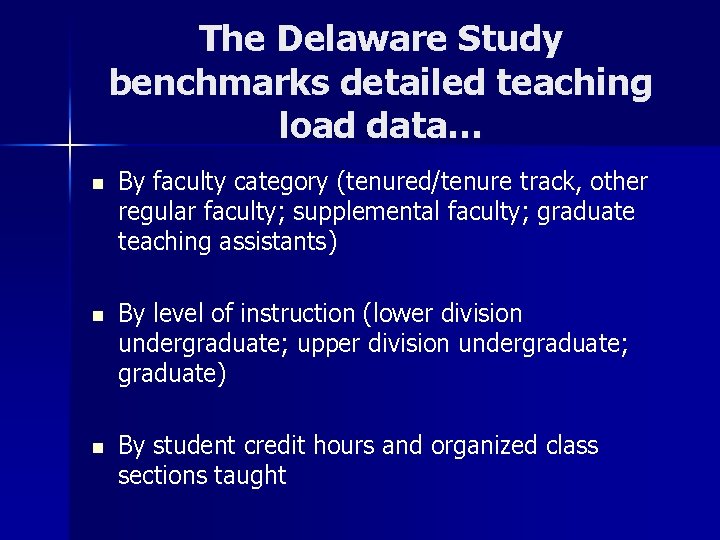 The Delaware Study benchmarks detailed teaching load data… n By faculty category (tenured/tenure track,