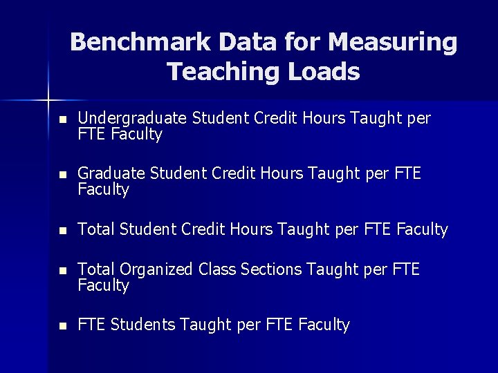 Benchmark Data for Measuring Teaching Loads n Undergraduate Student Credit Hours Taught per FTE