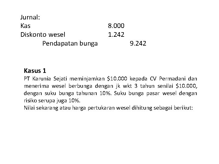 Jurnal: Kas Diskonto wesel Pendapatan bunga Kasus 1 8. 000 1. 242 9. 242