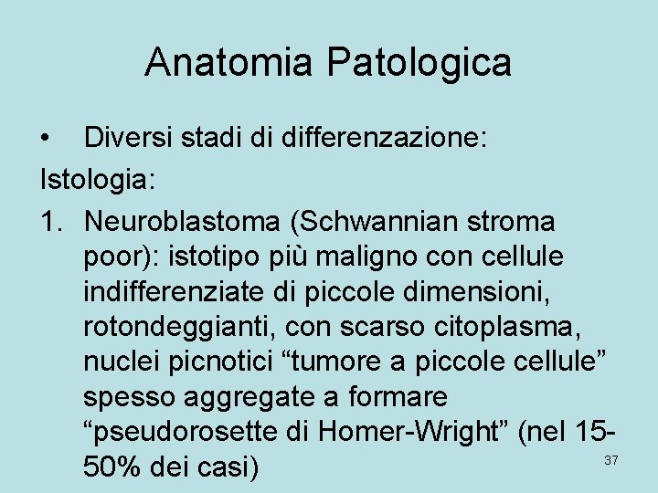 Anatomia Patologica • Diversi stadi di differenzazione: Istologia: 1. Neuroblastoma (Schwannian stroma poor): istotipo