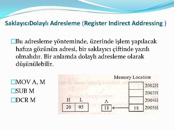 SaklayıcıDolaylı Adresleme (Register Indirect Addressing ) �Bu adresleme yönteminde, üzerinde işlem yapılacak hafıza gözünün