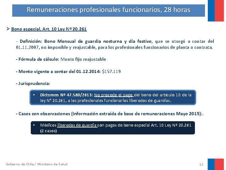 Remuneraciones profesionales funcionarios, 28 horas Ø Bono especial, Art. 10 Ley Nº 20. 261