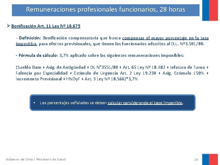 Remuneraciones profesionales funcionarios, 28 horas Ø Bonificación Art. 11 Ley Nº 18. 675 -