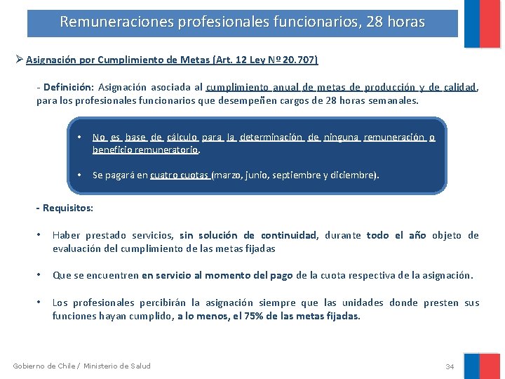 Remuneraciones profesionales funcionarios, 28 horas Ø Asignación por Cumplimiento de Metas (Art. 12 Ley