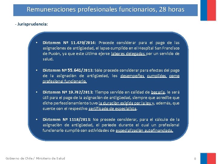 Remuneraciones profesionales funcionarios, 28 horas - Jurisprudencia: • Dictamen Nº 11. 479/2014: Procede considerar