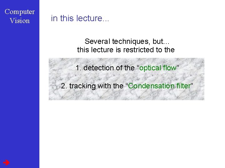 Computer Vision in this lecture. . . Several techniques, but… this lecture is restricted