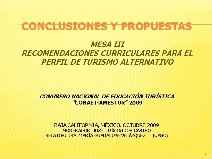 CONCLUSIONES Y PROPUESTAS MESA III RECOMENDACIONES CURRICULARES PARA EL PERFIL DE TURISMO ALTERNATIVO CONGRESO