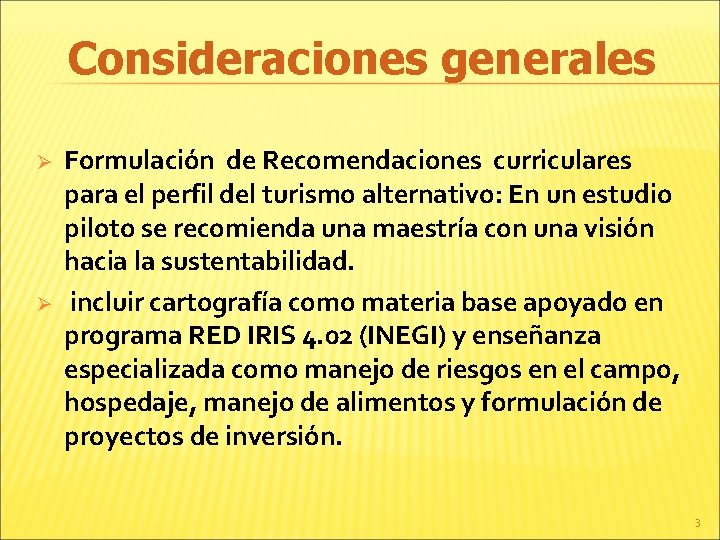 Consideraciones generales Ø Ø Formulación de Recomendaciones curriculares para el perfil del turismo alternativo: