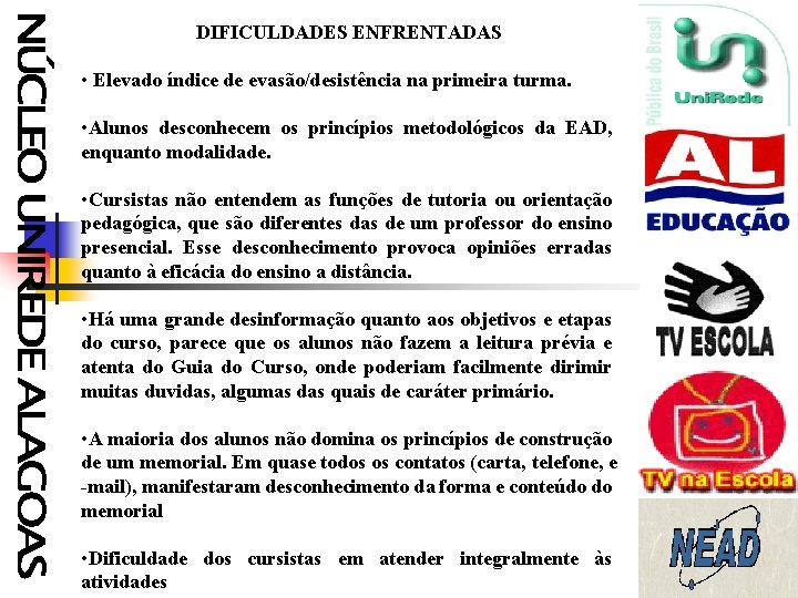  DIFICULDADES ENFRENTADAS • Elevado índice de evasão/desistência na primeira turma. • Alunos desconhecem