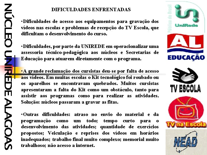  DIFICULDADES ENFRENTADAS • Dificuldades de acesso aos equipamentos para gravação dos vídeos nas