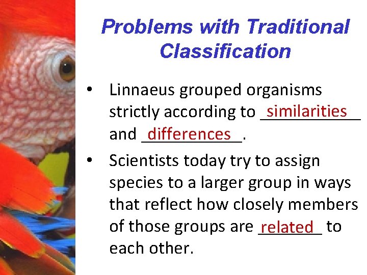 Problems with Traditional Classification • Linnaeus grouped organisms similarities strictly according to ______ and