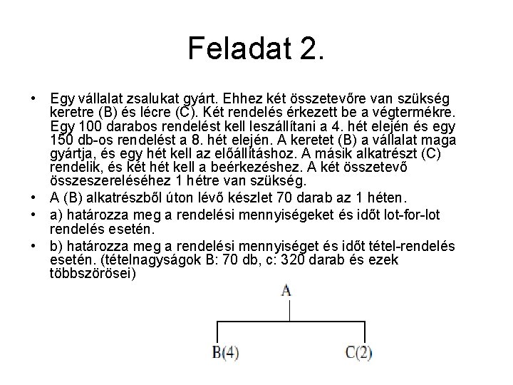 Feladat 2. • Egy vállalat zsalukat gyárt. Ehhez két összetevőre van szükség keretre (B)