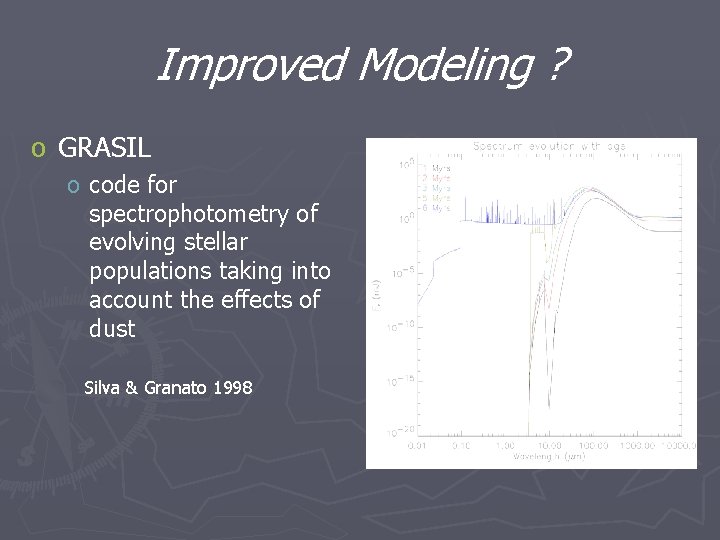 Improved Modeling ? o GRASIL o code for spectrophotometry of evolving stellar populations taking