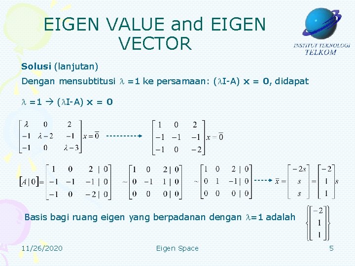 EIGEN VALUE and EIGEN VECTOR Solusi (lanjutan) Dengan mensubtitusi =1 ke persamaan: ( I-A)