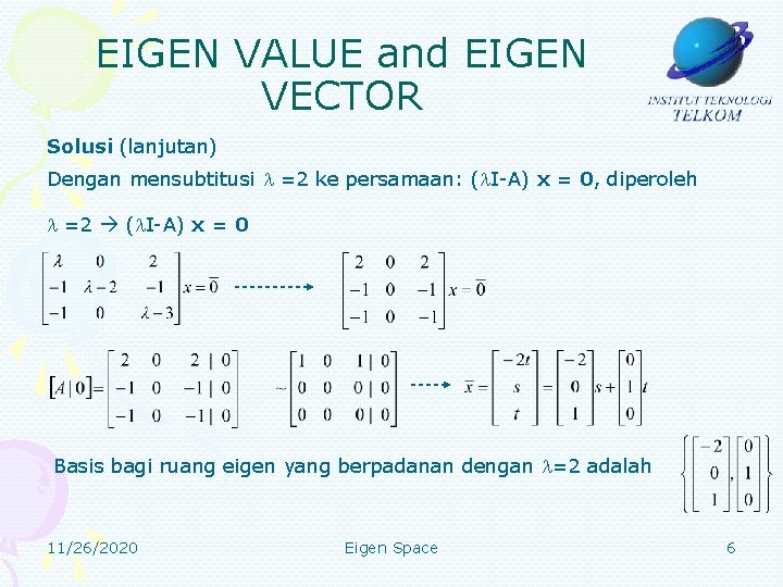 EIGEN VALUE and EIGEN VECTOR Solusi (lanjutan) Dengan mensubtitusi =2 ke persamaan: ( I-A)