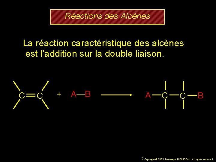 Réactions des Alcènes La réaction caractéristique des alcènes est l’addition sur la double liaison.