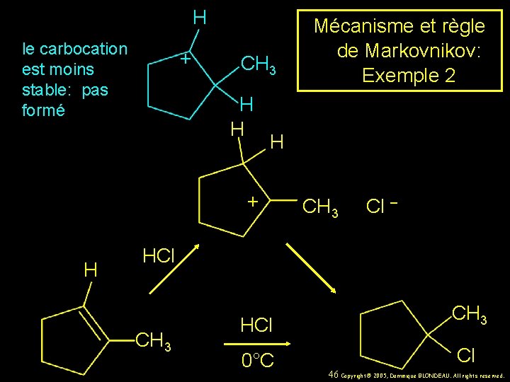 H le carbocation est moins stable: pas formé + CH 3 H H H