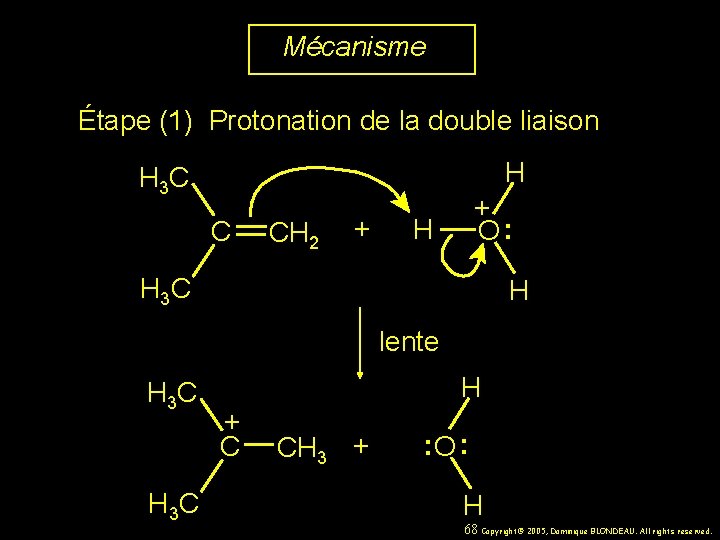 Mécanisme Étape (1) Protonation de la double liaison H H 3 C C CH