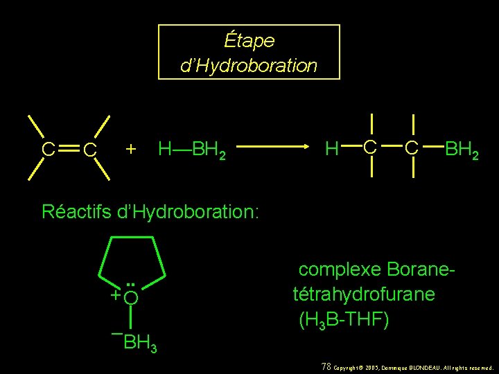 Étape d’Hydroboration C + H—BH 2 C H C C BH 2 Réactifs d’Hydroboration: