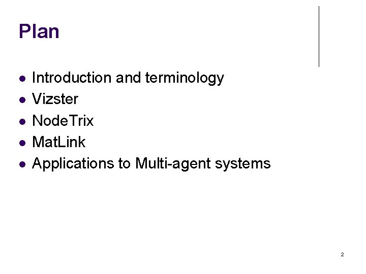 Plan Introduction and terminology Vizster Node. Trix Mat. Link Applications to Multi-agent systems 2