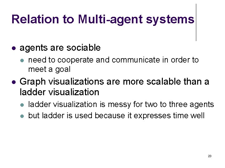 Relation to Multi-agent systems agents are sociable need to cooperate and communicate in order