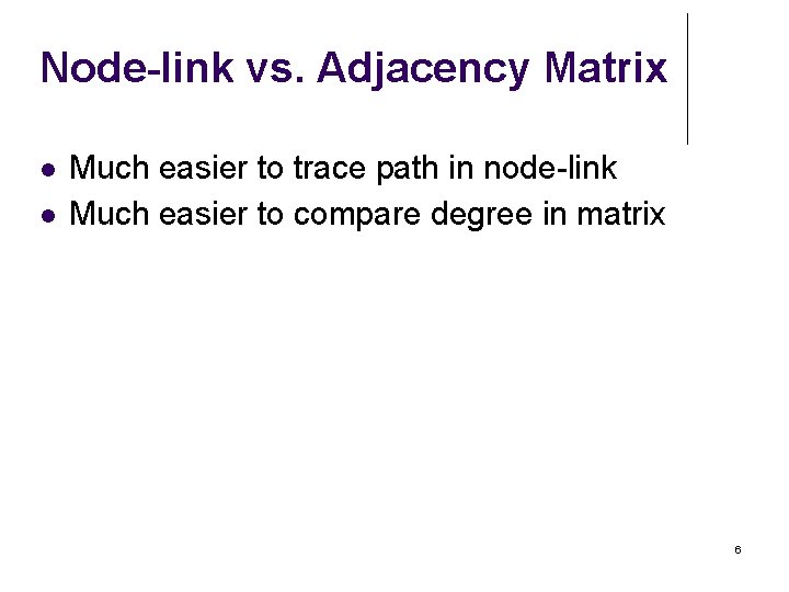 Node-link vs. Adjacency Matrix Much easier to trace path in node-link Much easier to