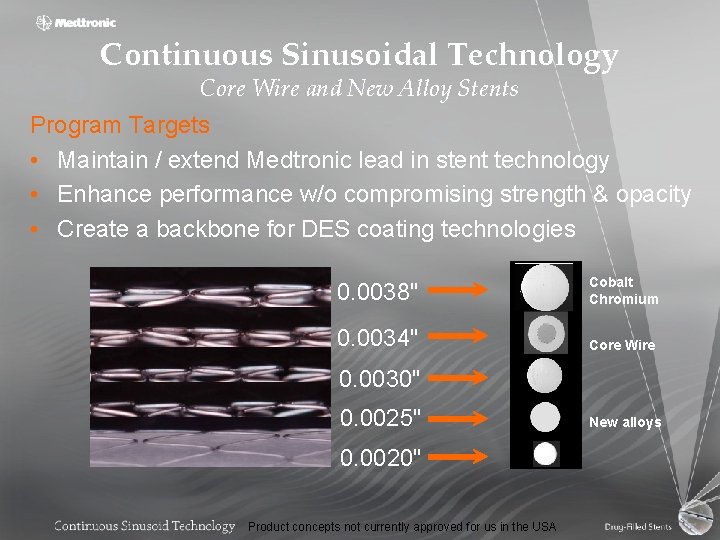 Continuous Sinusoidal Technology Core Wire and New Alloy Stents Program Targets • Maintain /