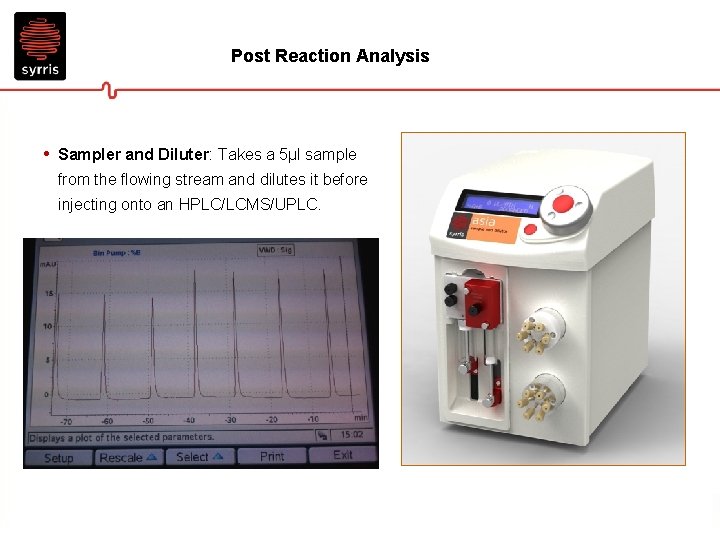 Post Reaction Analysis • Sampler and Diluter: Takes a 5μl sample from the flowing