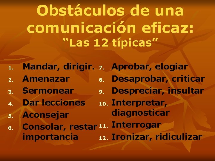 Obstáculos de una comunicación eficaz: “Las 12 típicas” 1. 2. 3. 4. 5. 6.