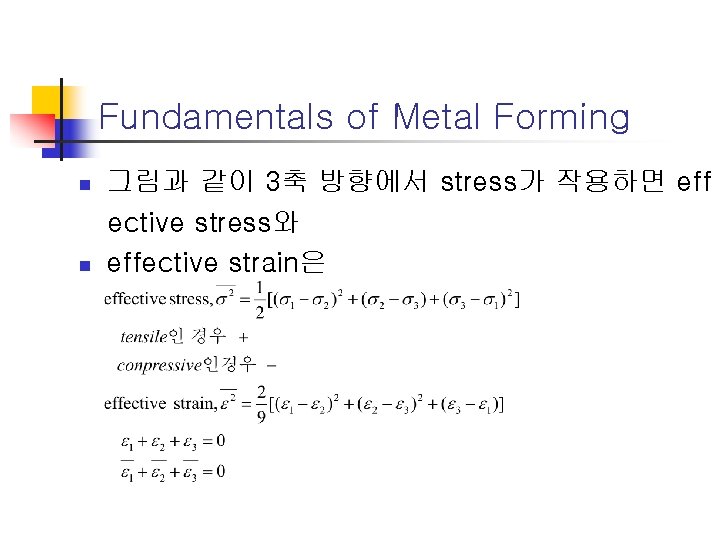 Fundamentals of Metal Forming n n 그림과 같이 3축 방향에서 stress가 작용하면 eff ective