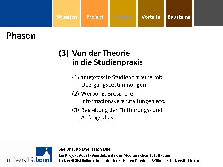 Situation Projekt Phasen Vorteile Bausteine Phasen (3) Von der Theorie in die Studienpraxis (1)