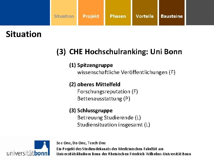 Situation Projekt Phasen Vorteile Bausteine Situation (3) CHE Hochschulranking: Uni Bonn (1) Spitzengruppe wissenschaftliche