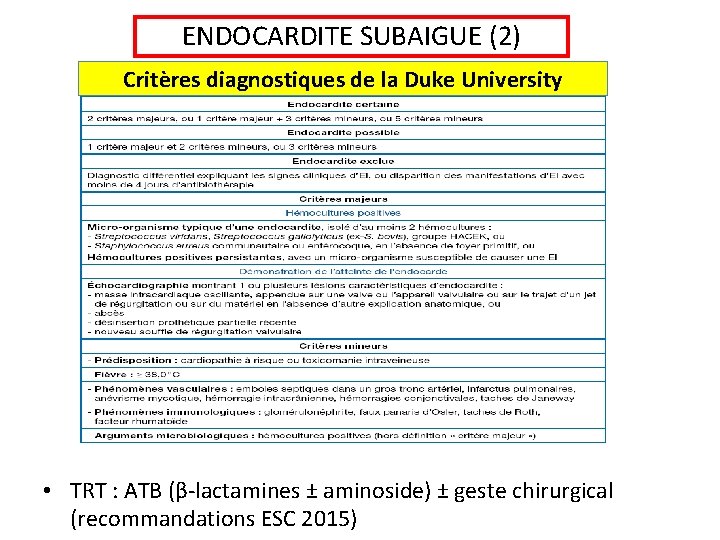 ENDOCARDITE SUBAIGUE (2) Critères diagnostiques de la Duke University • TRT : ATB (β-lactamines