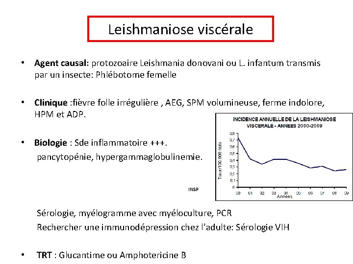 Leishmaniose viscérale • Agent causal: protozoaire Leishmania donovani ou L. infantum transmis par un