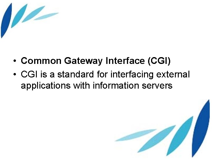  • Common Gateway Interface (CGI) • CGI is a standard for interfacing external