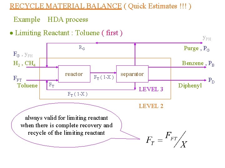 RECYCLE MATERIAL BALANCE ( Quick Estimates !!! ) Example HDA process Limiting Reactant :