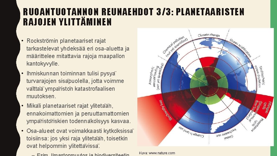 RUOANTUOTANNON REUNAEHDOT 3/3: PLANETAARISTEN RAJOJEN YLITTÄMINEN • Rockströmin planetaariset rajat tarkastelevat yhdeksää eri osa-aluetta
