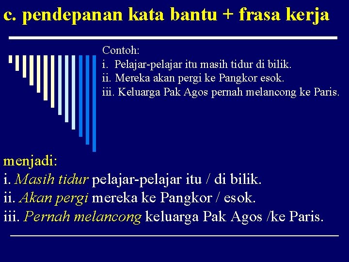 c. pendepanan kata bantu + frasa kerja Contoh: i. Pelajar-pelajar itu masih tidur di