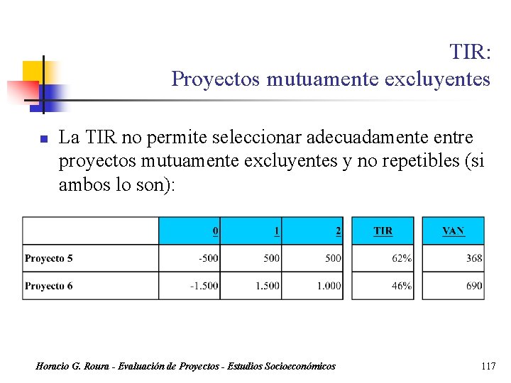 TIR: Proyectos mutuamente excluyentes n La TIR no permite seleccionar adecuadamente entre proyectos mutuamente