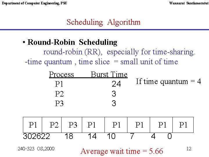 Department of Computer Engineering, PSU Wannarat Suntiamorntut Scheduling Algorithm • Round-Robin Scheduling round-robin (RR),