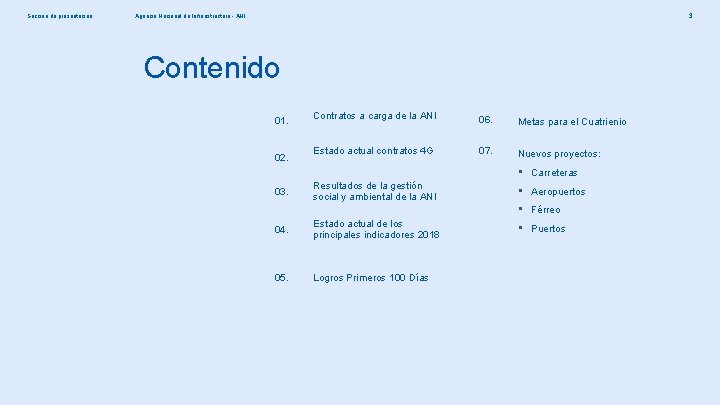 Sección de presentación 3 Agencia Nacional de Infraestructura - ANI Contenido 01. 02. Contratos