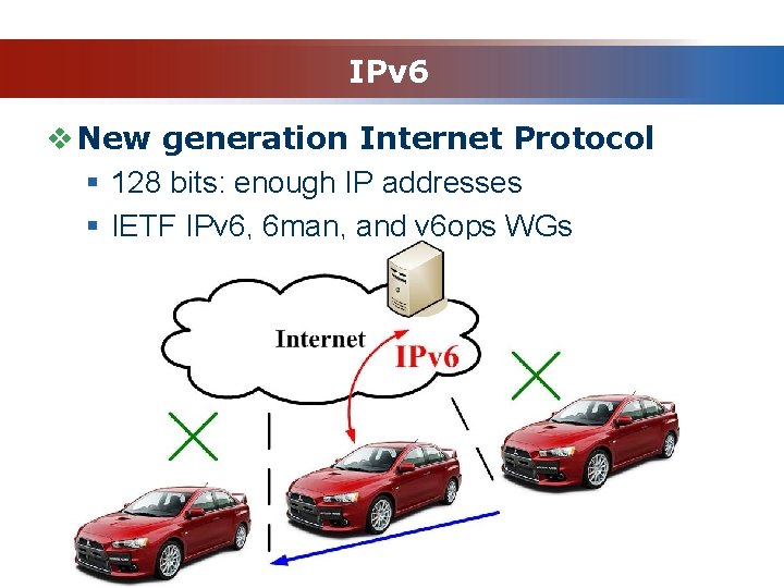 IPv 6 v New generation Internet Protocol § 128 bits: enough IP addresses §