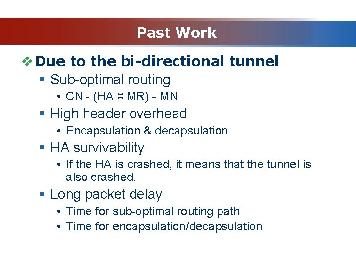 Past Work v Due to the bi-directional tunnel § Sub-optimal routing • CN -