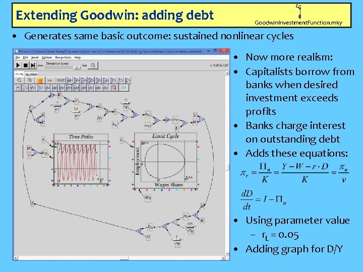 Extending Goodwin: adding debt • Generates same basic outcome: sustained nonlinear cycles • Now