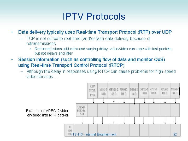 IPTV Protocols • Data delivery typically uses Real-time Transport Protocol (RTP) over UDP –