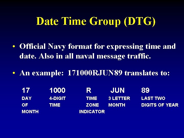 Date Time Group (DTG) • Official Navy format for expressing time and date. Also