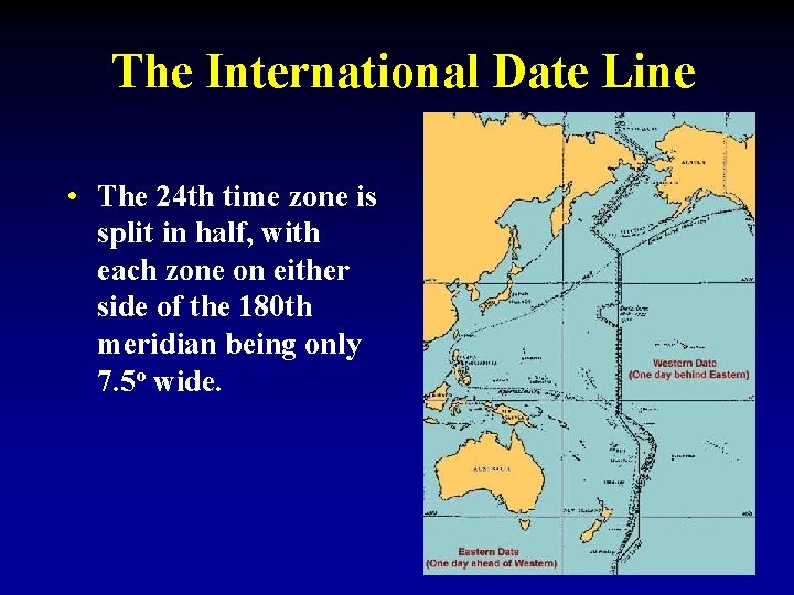 The International Date Line • The 24 th time zone is split in half,